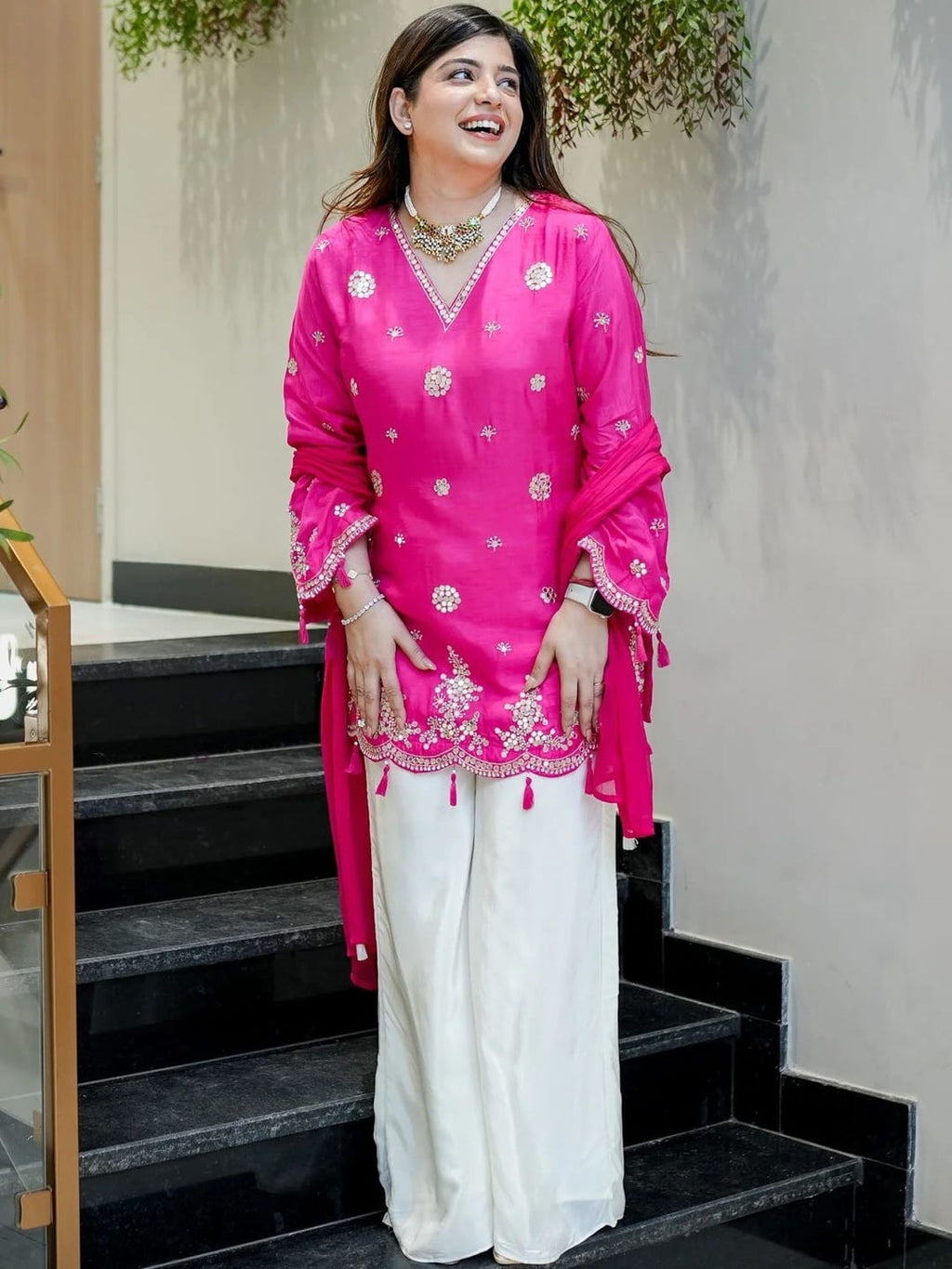 Aadesh Fashion Shehnaaz Rani Pink Silk Short Kurti Palazzo Set with Nazmin Dupatta