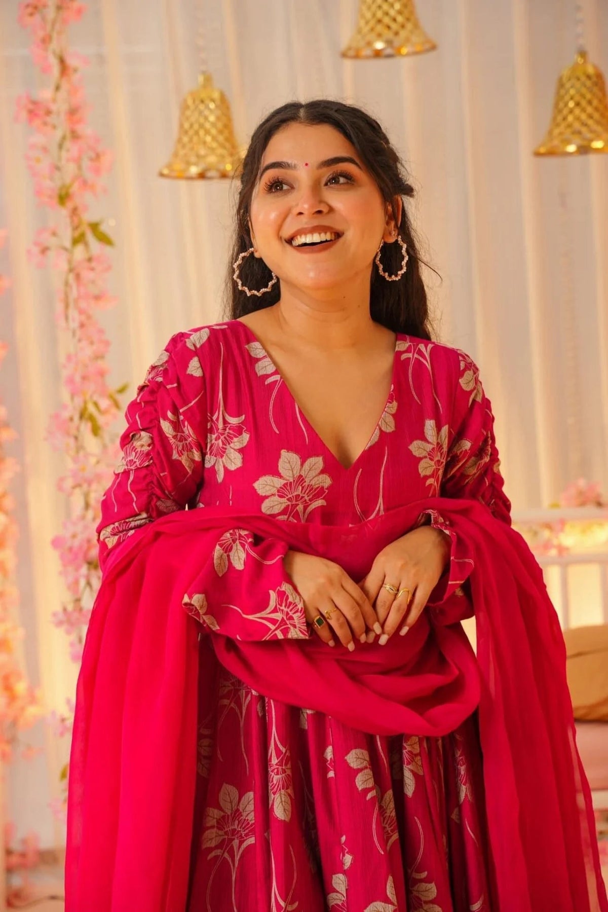 Aadesh Fashion Floris Rani Pink Votikal Silk Flared Anarkali Gown Set with Chinon Dupatta