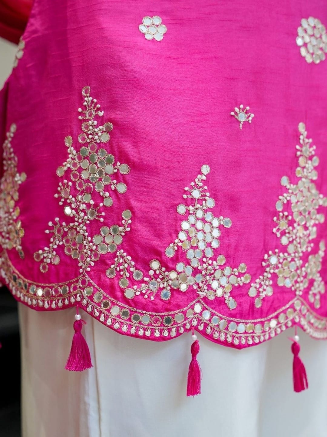 Aadesh Fashion Shehnaaz Rani Pink Silk Short Kurti Palazzo Set with Nazmin Dupatta