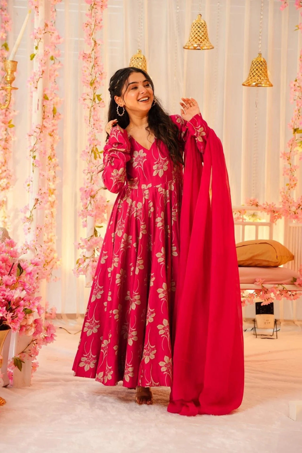 Aadesh Fashion Floris Rani Pink Votikal Silk Flared Anarkali Gown Set with Chinon Dupatta