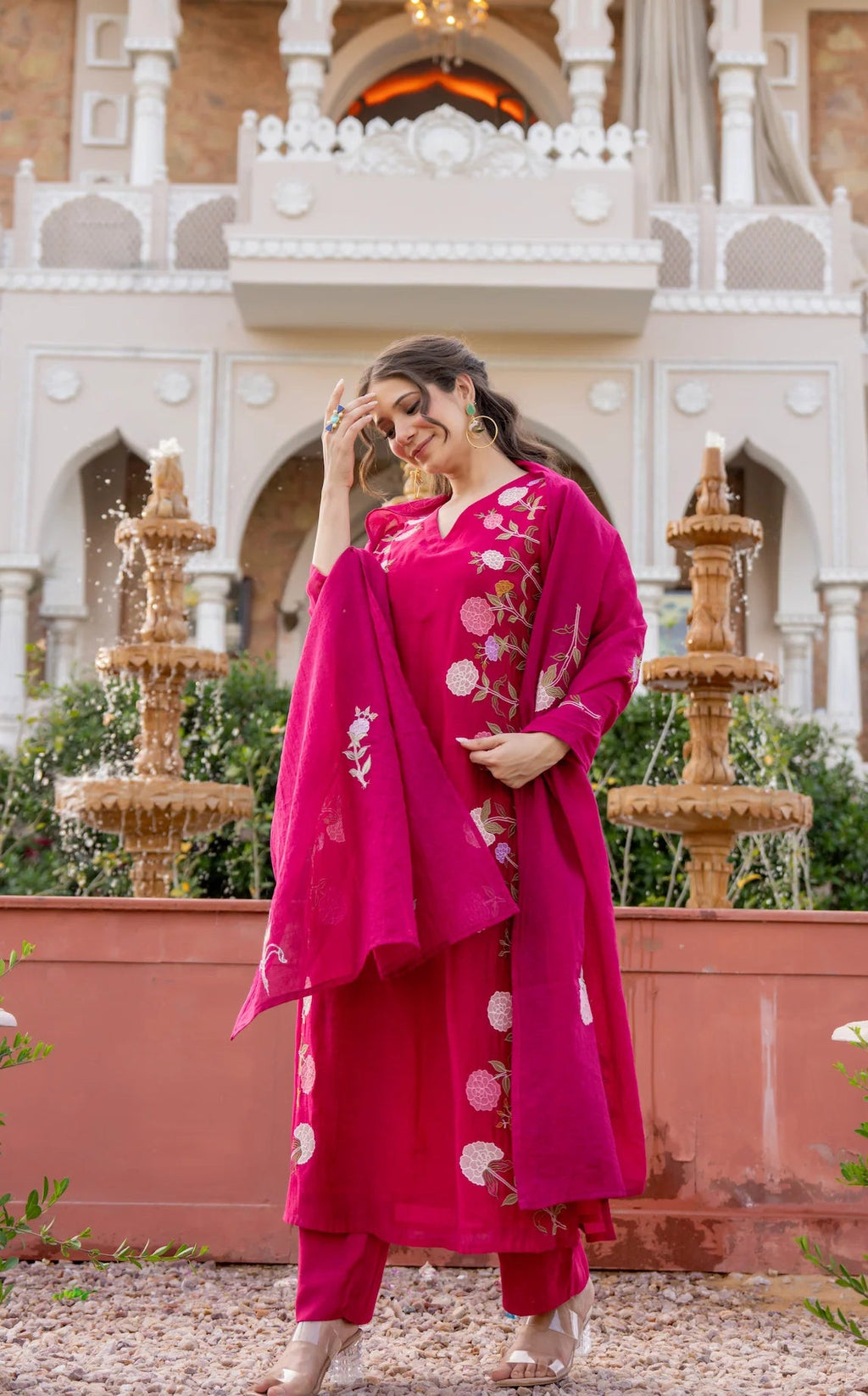 Aadesh Fashion Ramya Magenta Pink Chanderi Silk Floral Embroidered Kurti Pant Set
