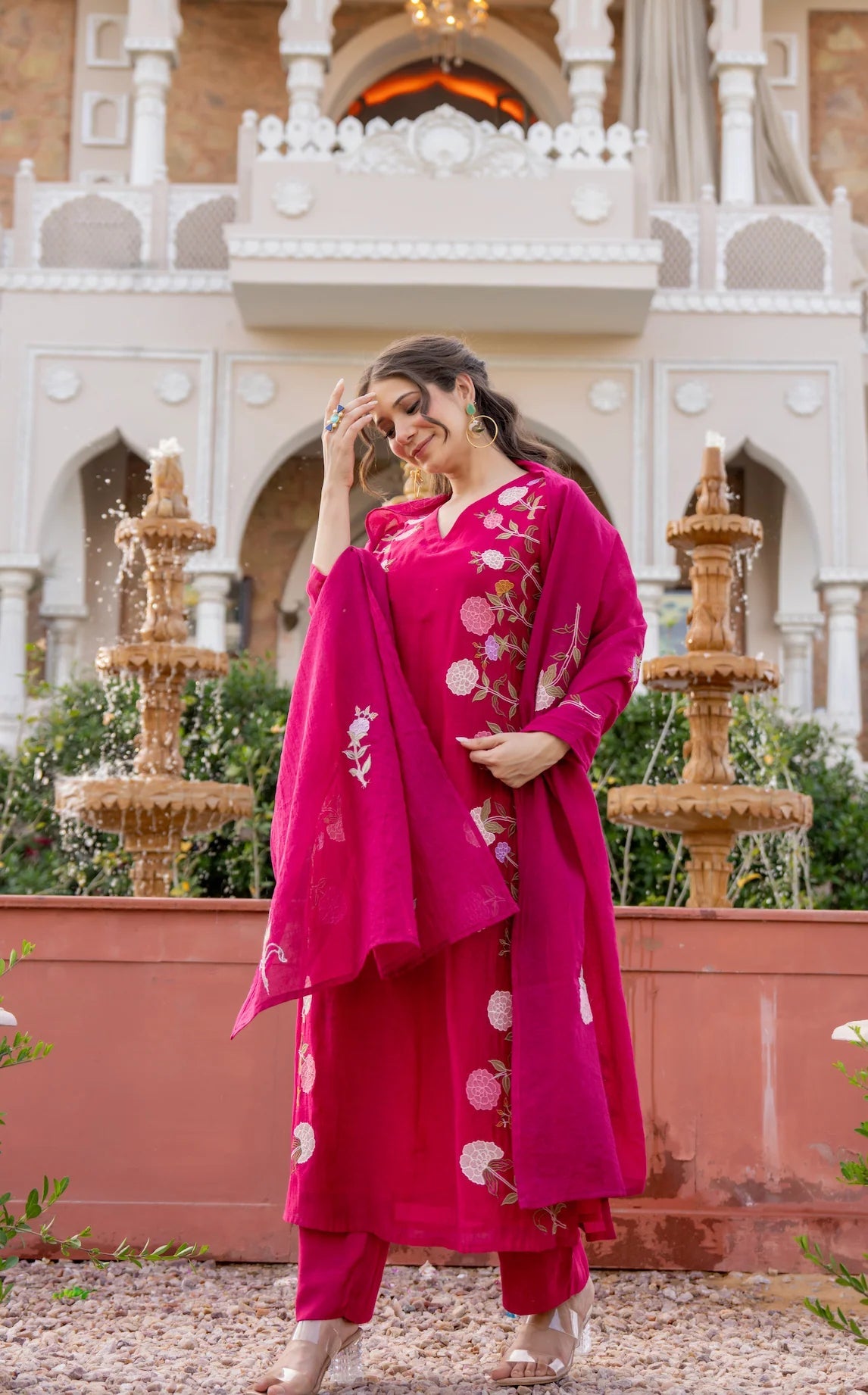 Aadesh Fashion Ramya Magenta Pink Chanderi Silk Floral Embroidered Kurti Pant Set