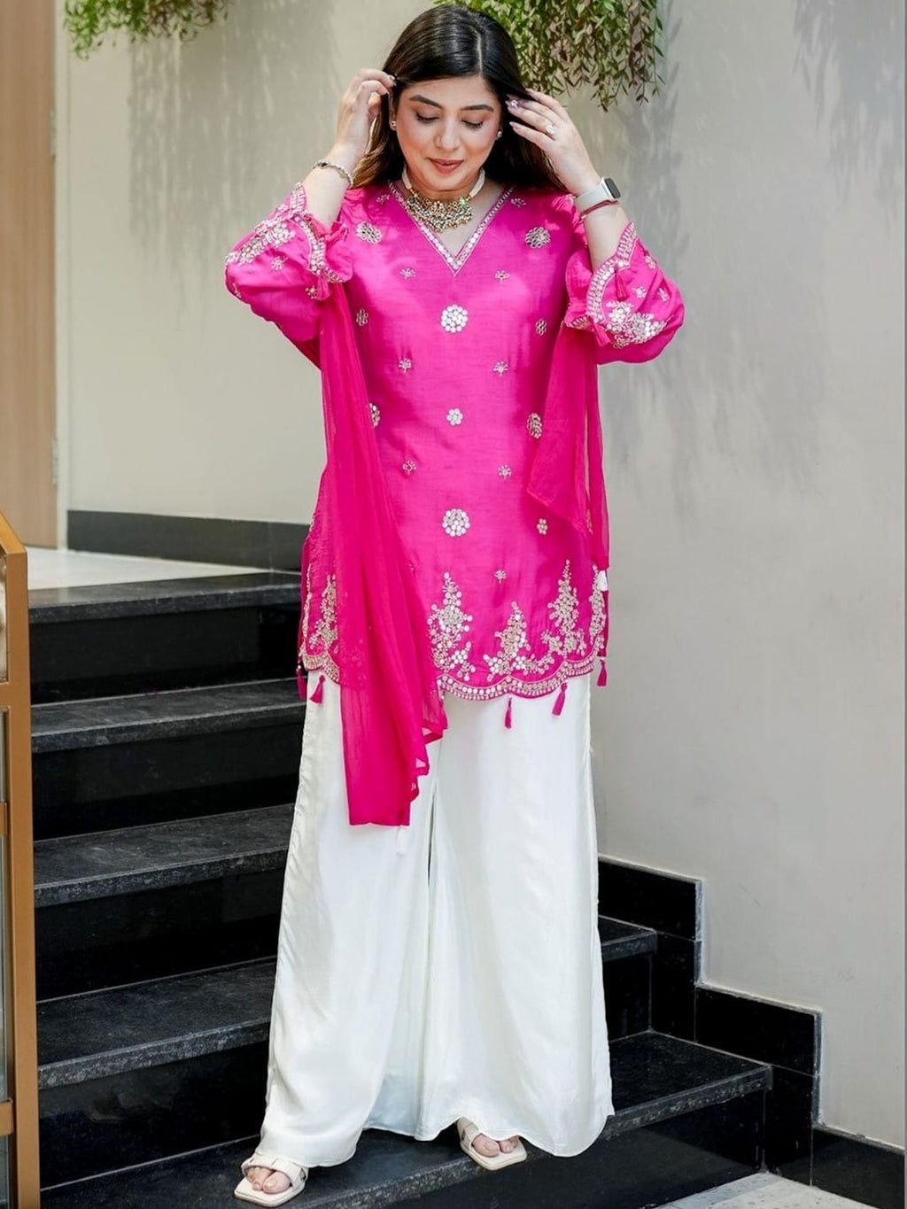 Aadesh Fashion Shehnaaz Rani Pink Silk Short Kurti Palazzo Set with Nazmin Dupatta