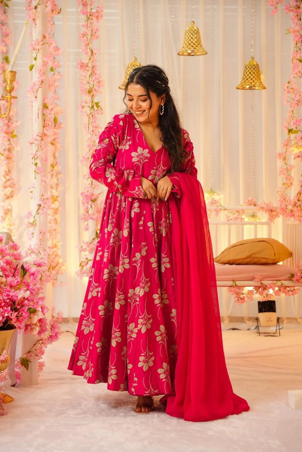 Aadesh Fashion Floris Rani Pink Votikal Silk Flared Anarkali Gown Set with Chinon Dupatta