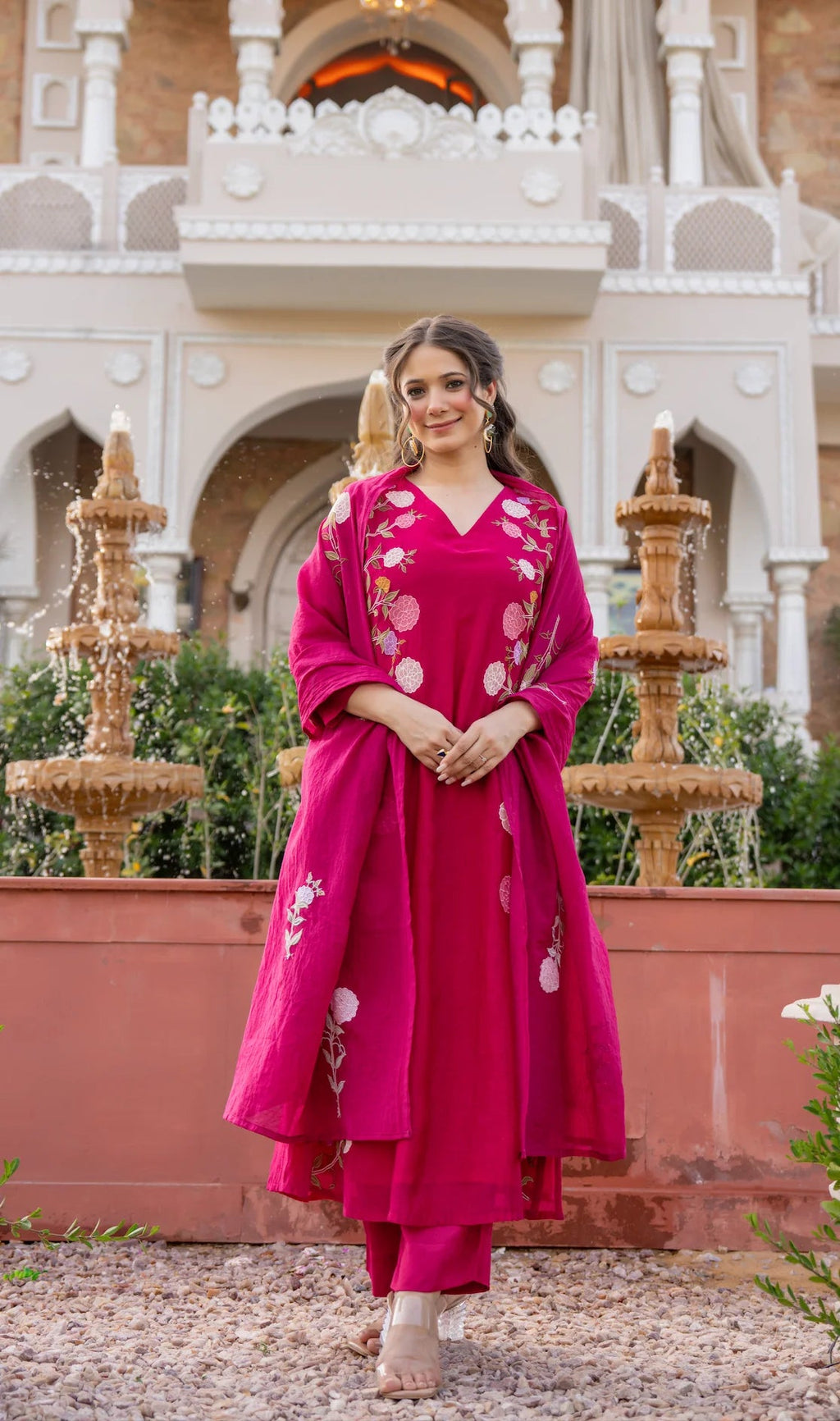 Aadesh Fashion Ramya Magenta Pink Chanderi Silk Floral Embroidered Kurti Pant Set