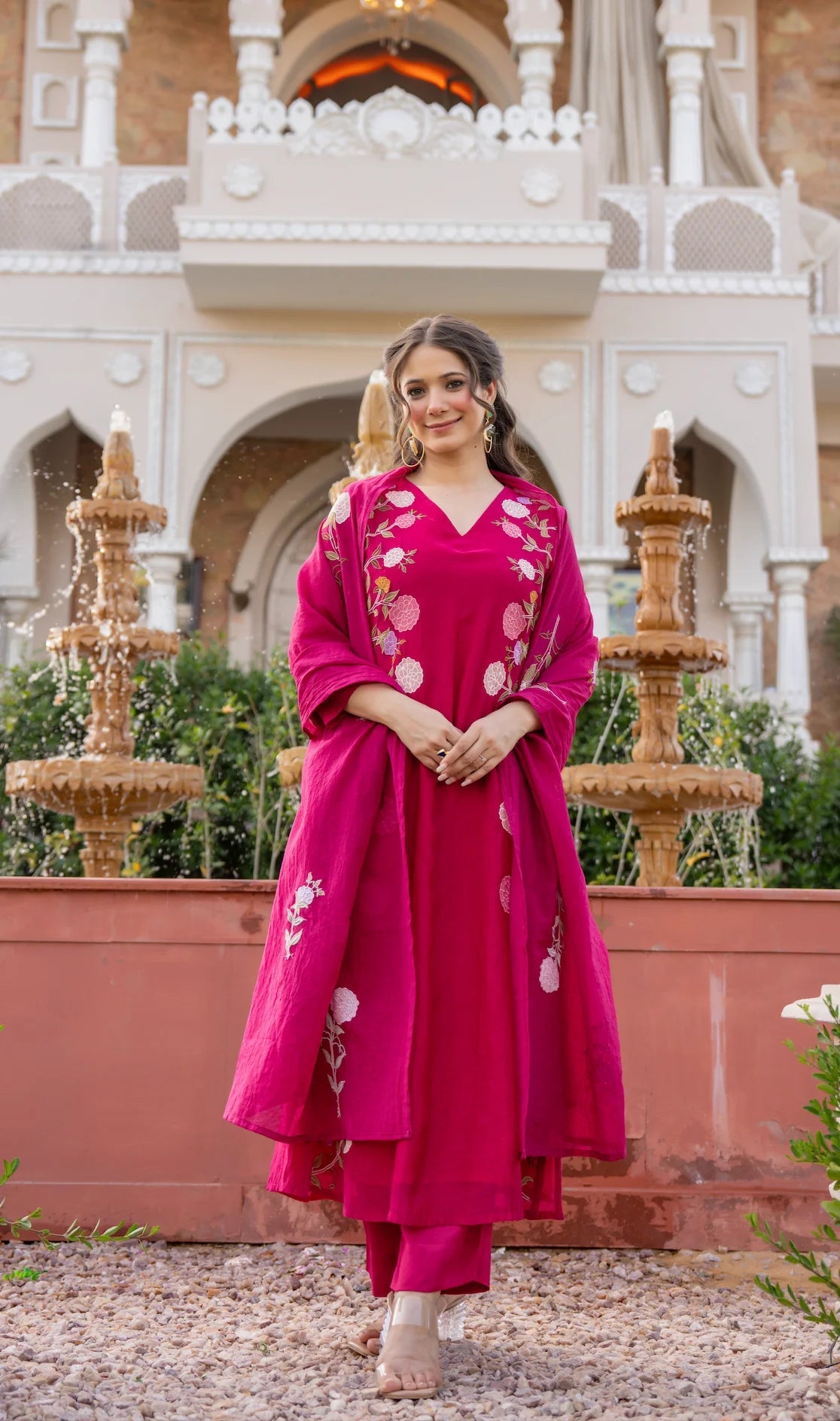 Aadesh Fashion Ramya Magenta Pink Chanderi Silk Floral Embroidered Kurti Pant Set