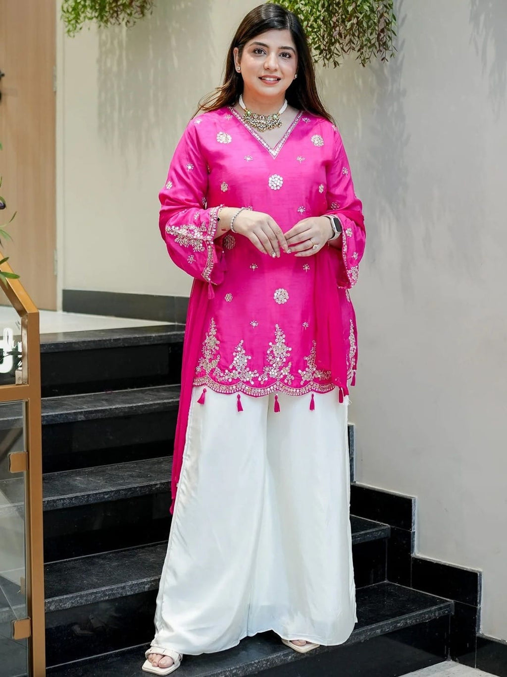 Aadesh Fashion Shehnaaz Rani Pink Silk Short Kurti Palazzo Set with Nazmin Dupatta