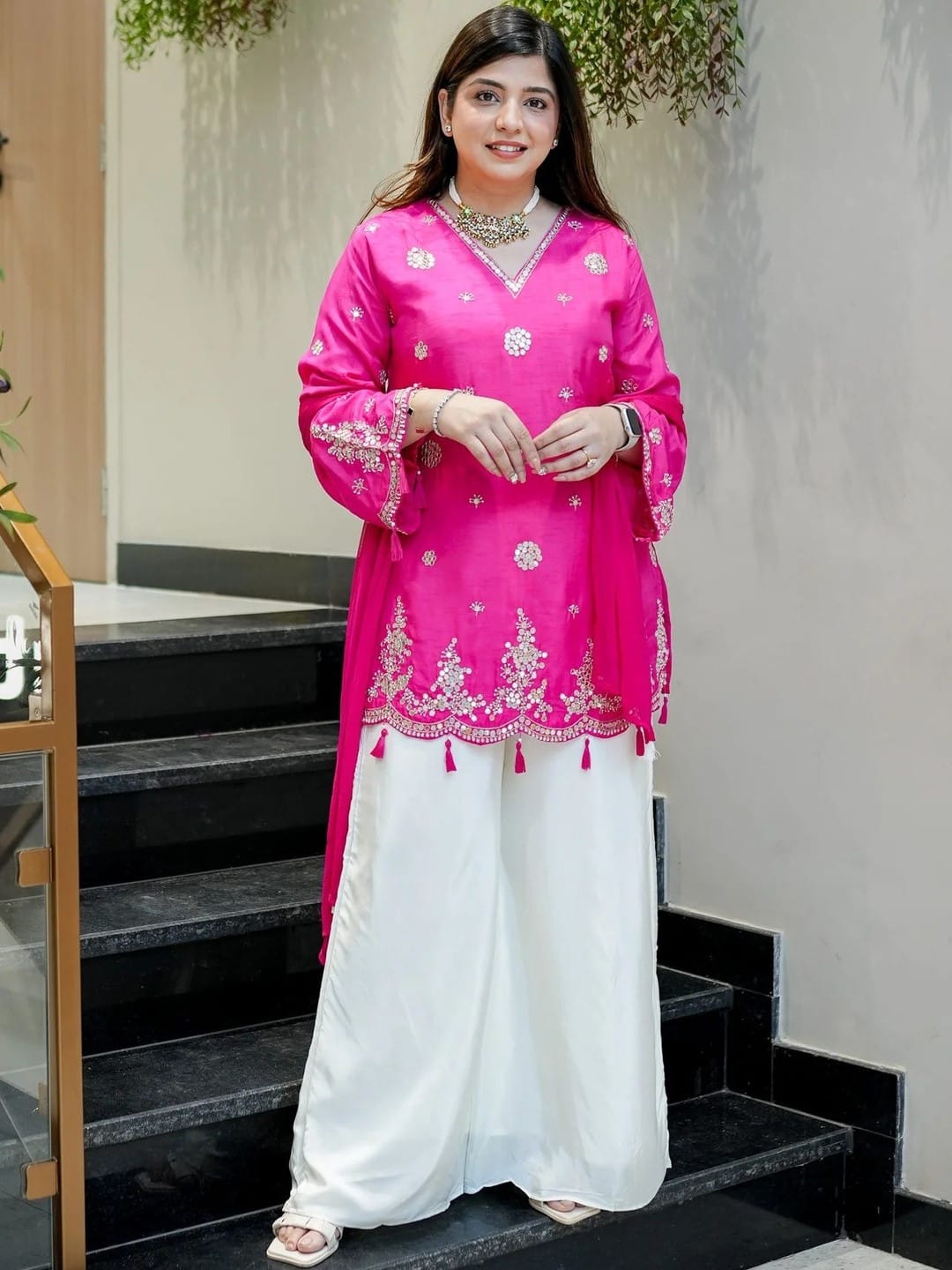 Aadesh Fashion Shehnaaz Rani Pink Silk Short Kurti Palazzo Set with Nazmin Dupatta