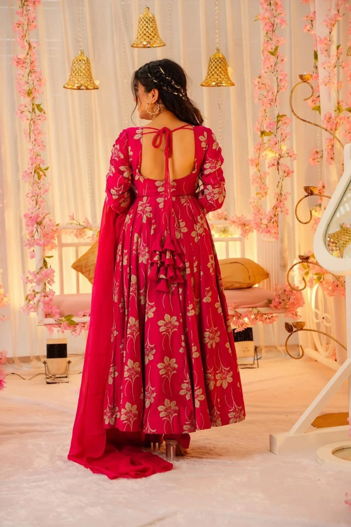 Aadesh Fashion Floris Rani Pink Votikal Silk Flared Anarkali Gown Set with Chinon Dupatta