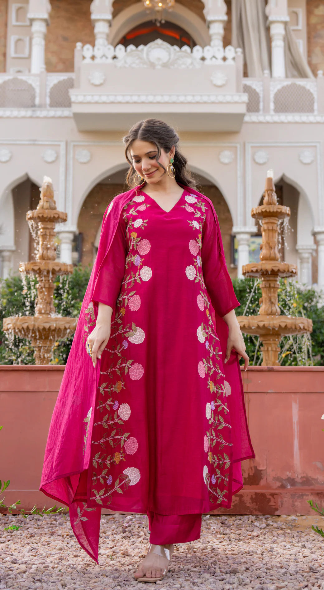 Aadesh Fashion Ramya Magenta Pink Chanderi Silk Floral Embroidered Kurti Pant Set
