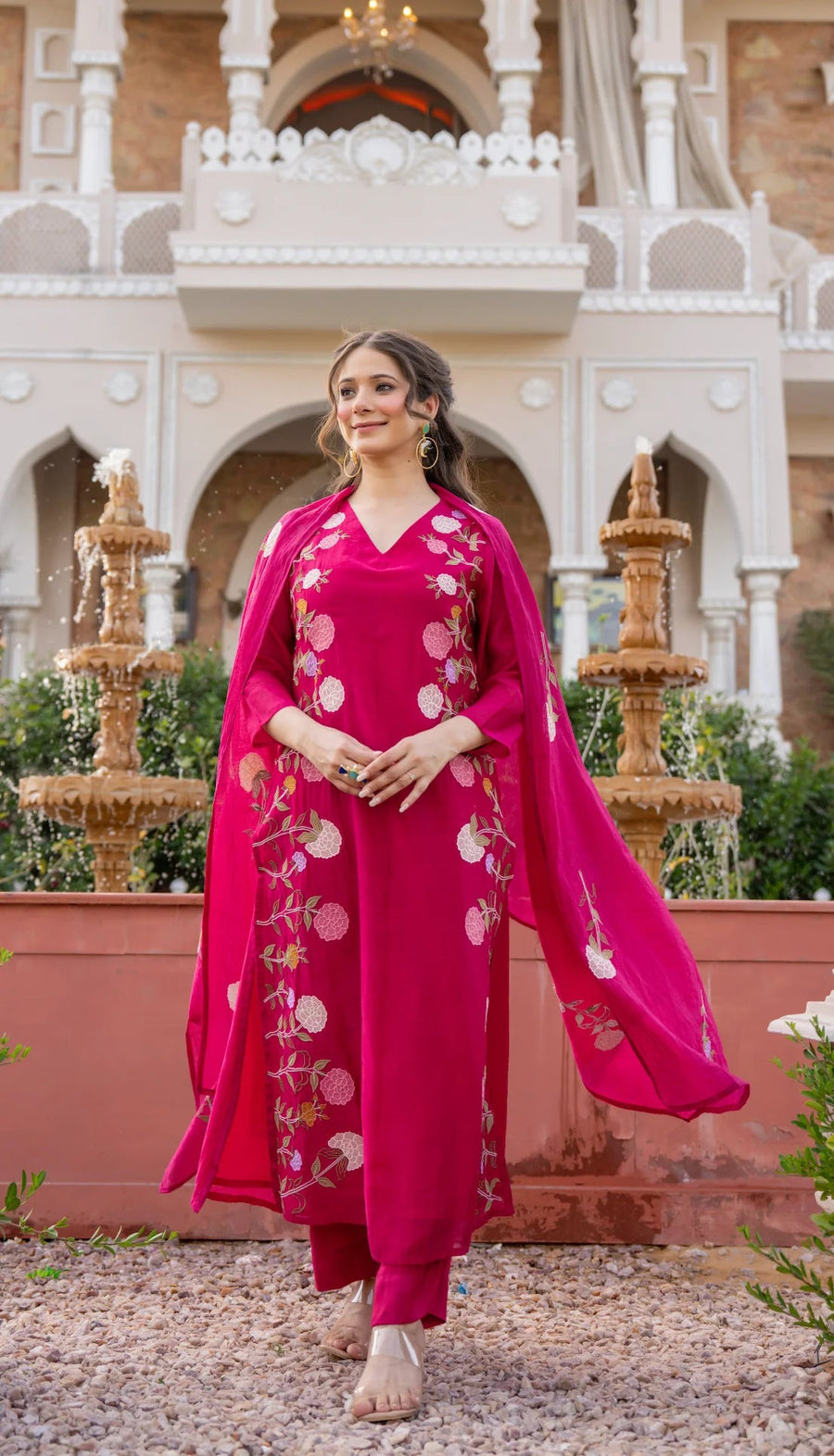 Aadesh Fashion Ramya Magenta Pink Chanderi Silk Floral Embroidered Kurti Pant Set