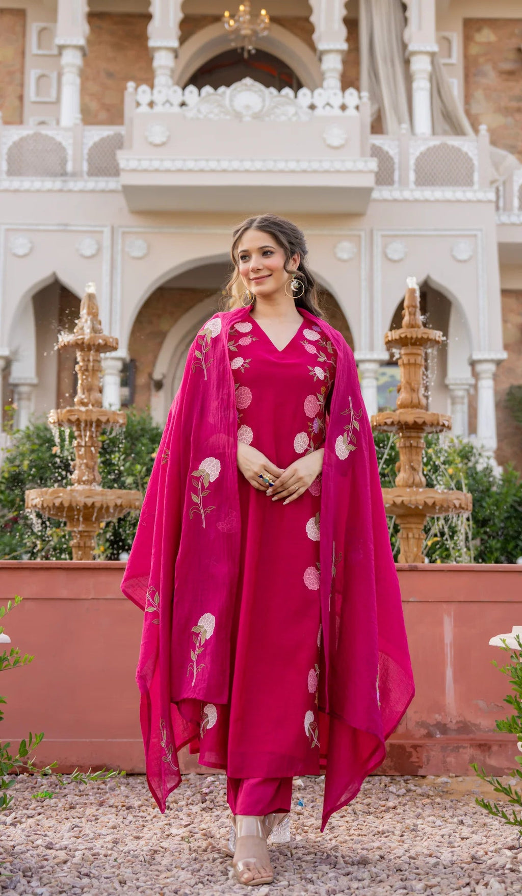 Aadesh Fashion Ramya Magenta Pink Chanderi Silk Floral Embroidered Kurti Pant Set