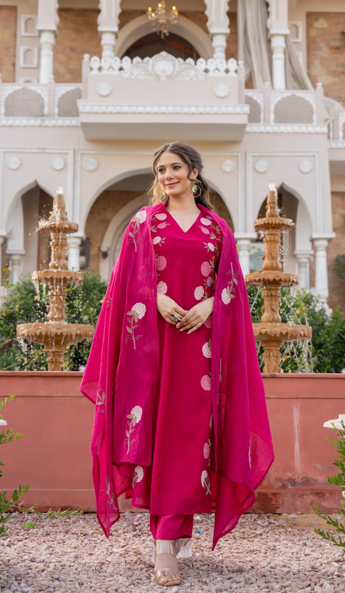Aadesh Fashion Ramya Magenta Pink Chanderi Silk Floral Embroidered Kurti Pant Set