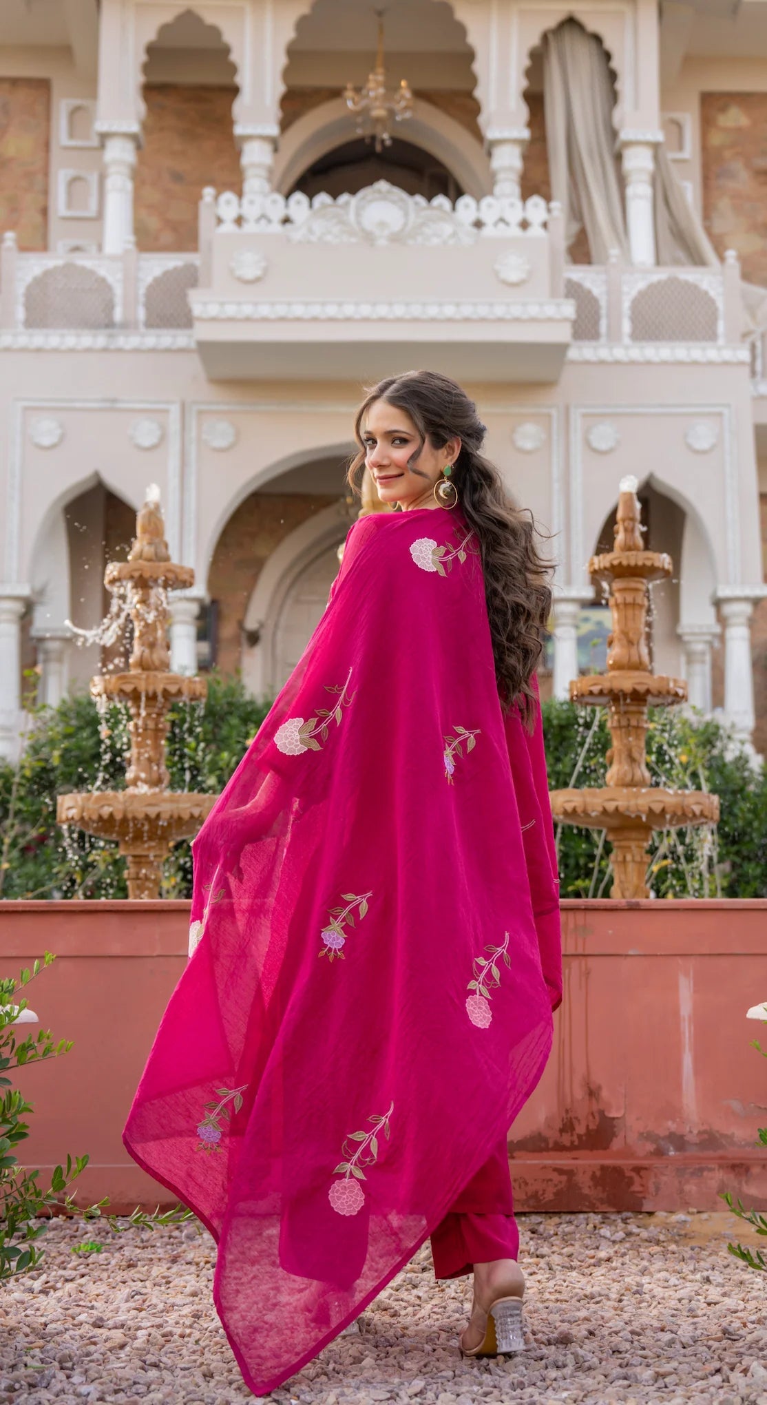 Aadesh Fashion Ramya Magenta Pink Chanderi Silk Floral Embroidered Kurti Pant Set