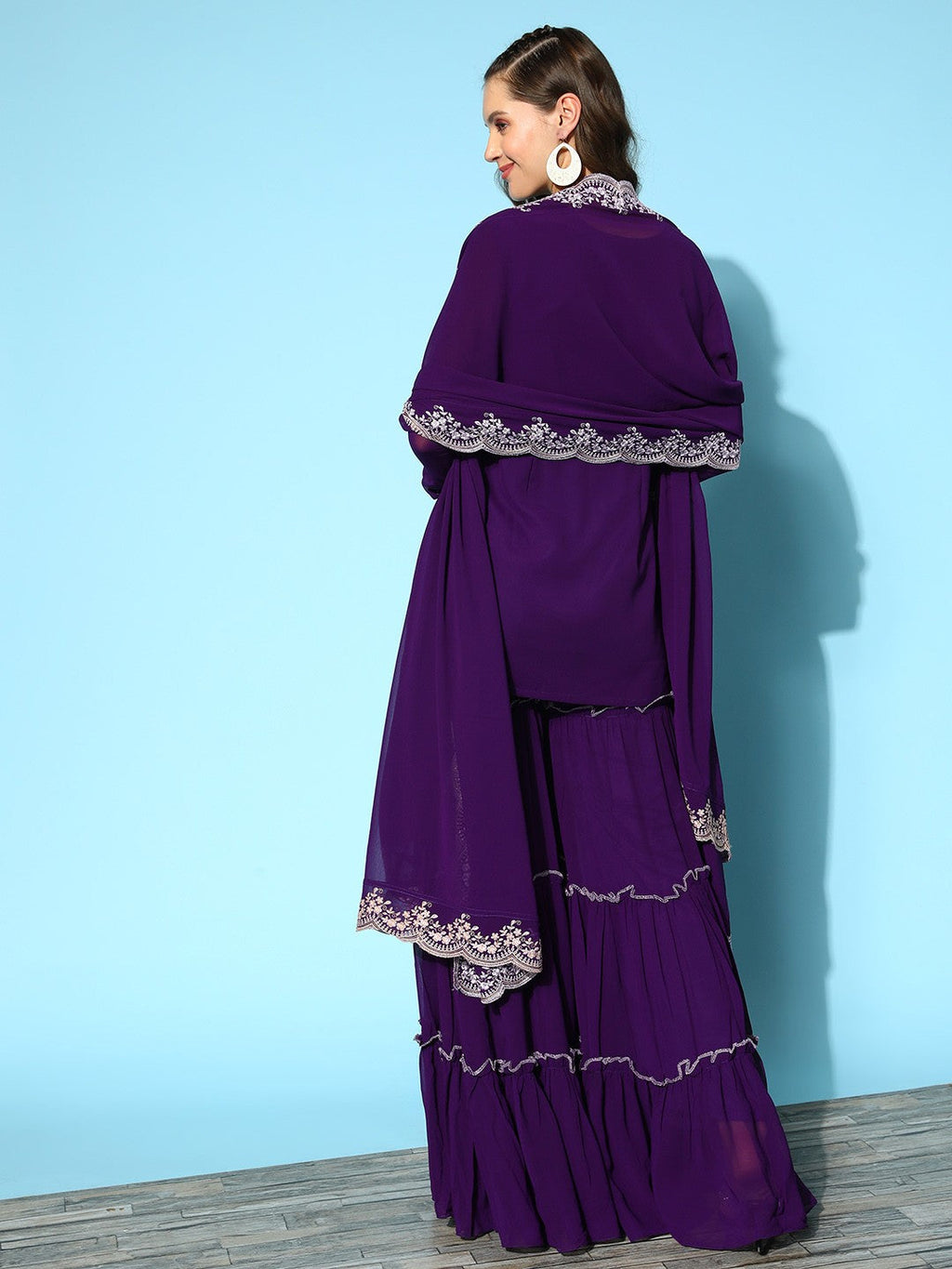 Aadesh Fashion Deep Purple Faux Georgette Embroidered Sharara Suit Set