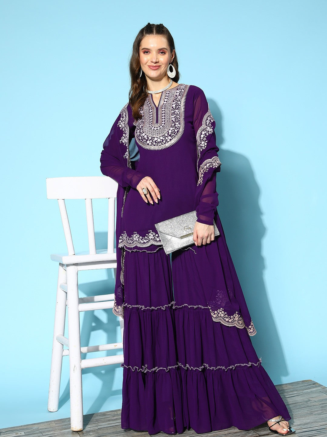 Aadesh Fashion Deep Purple Faux Georgette Embroidered Sharara Suit Set
