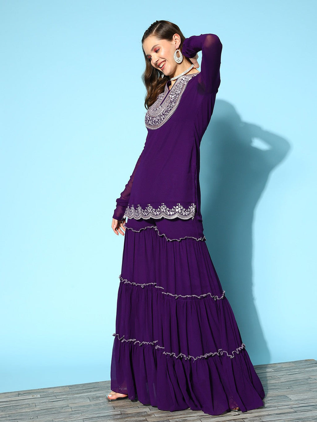 Aadesh Fashion Deep Purple Faux Georgette Embroidered Sharara Suit Set