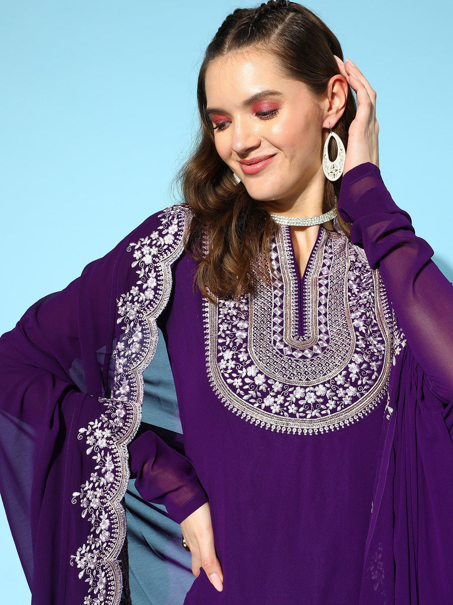 Aadesh Fashion Deep Purple Faux Georgette Embroidered Sharara Suit Set