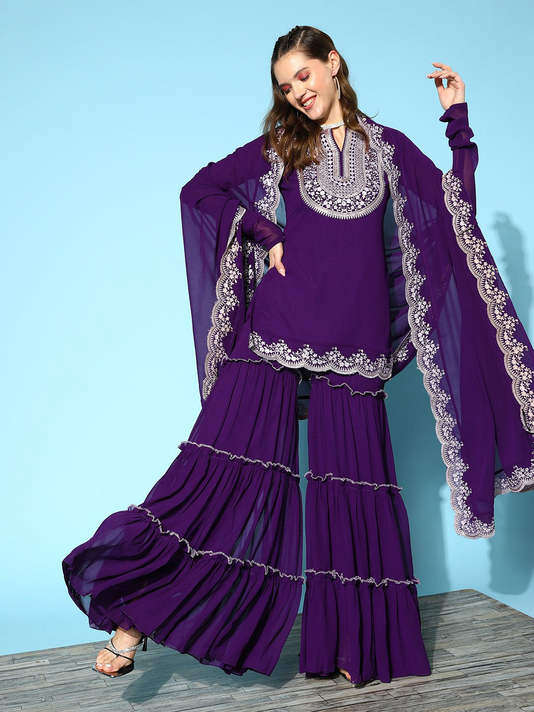 Aadesh Fashion Deep Purple Faux Georgette Embroidered Sharara Suit Set