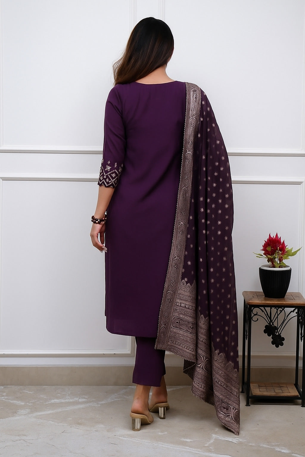 Aadesh Fashion Wine Purple PV Chanderi Kurti Pant Set with Banarasi Jacquard Dupatta