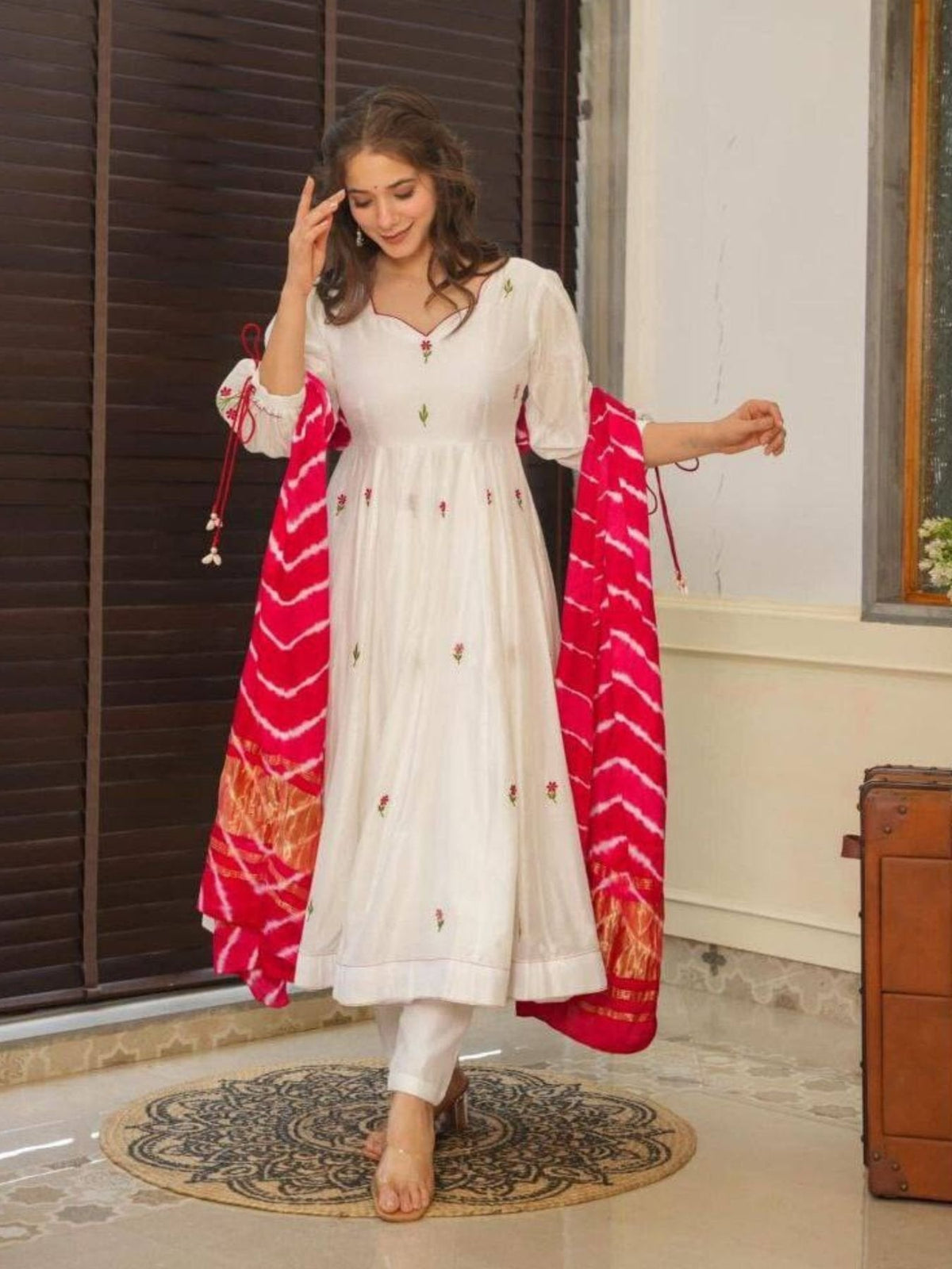 Aadesh Fashion Alisha Off-White PV Chanderi Silk Flared Anarkali Suit Set with Pink Leheriya Dupatta