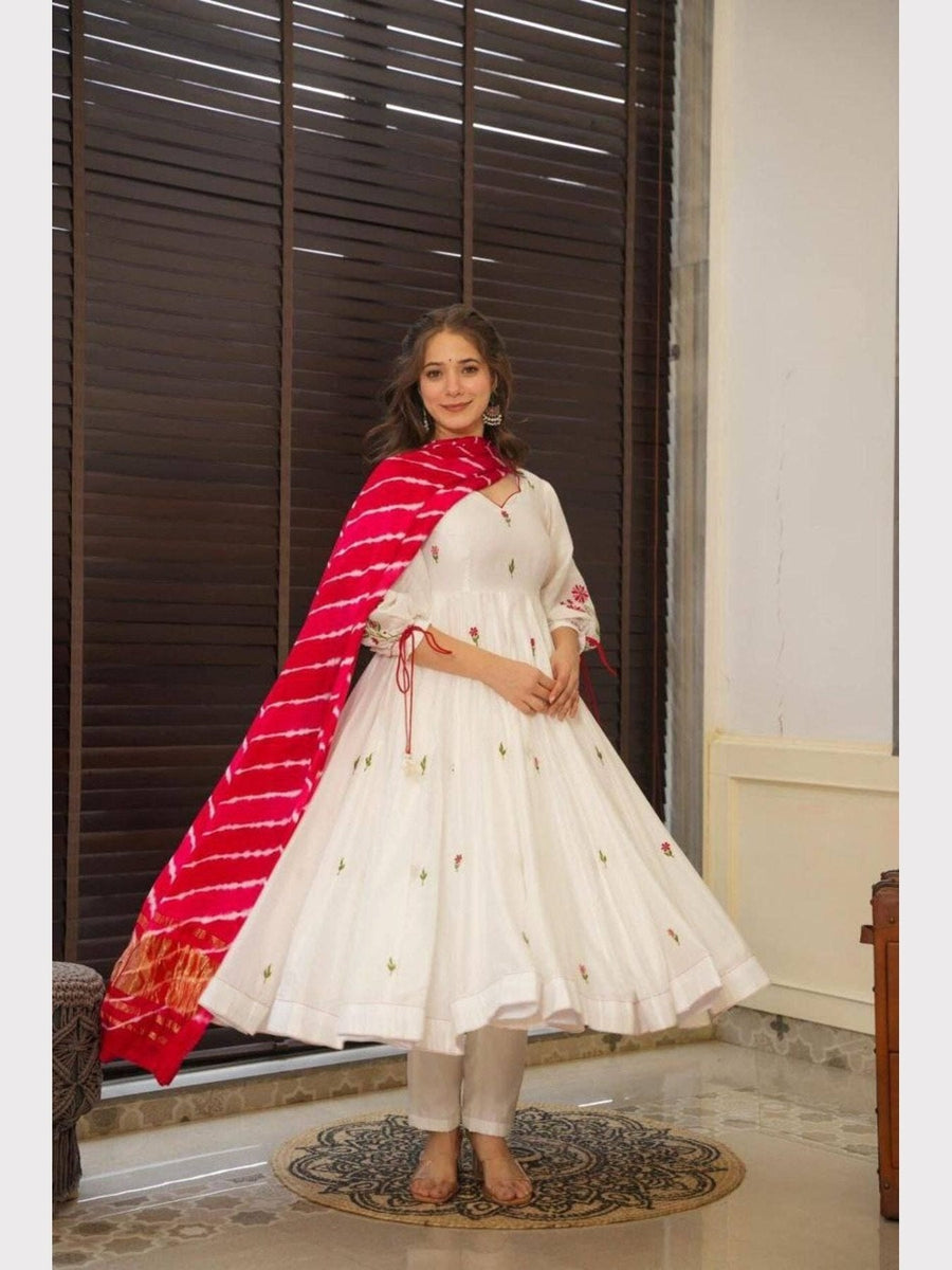 Aadesh Fashion Alisha Off-White PV Chanderi Silk Flared Anarkali Suit Set with Pink Leheriya Dupatta