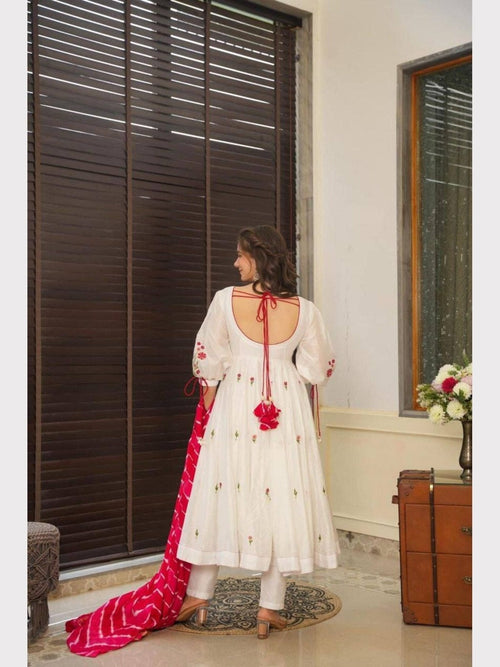 Aadesh Fashion Alisha Off-White PV Chanderi Silk Flared Anarkali Suit Set with Pink Leheriya Dupatta