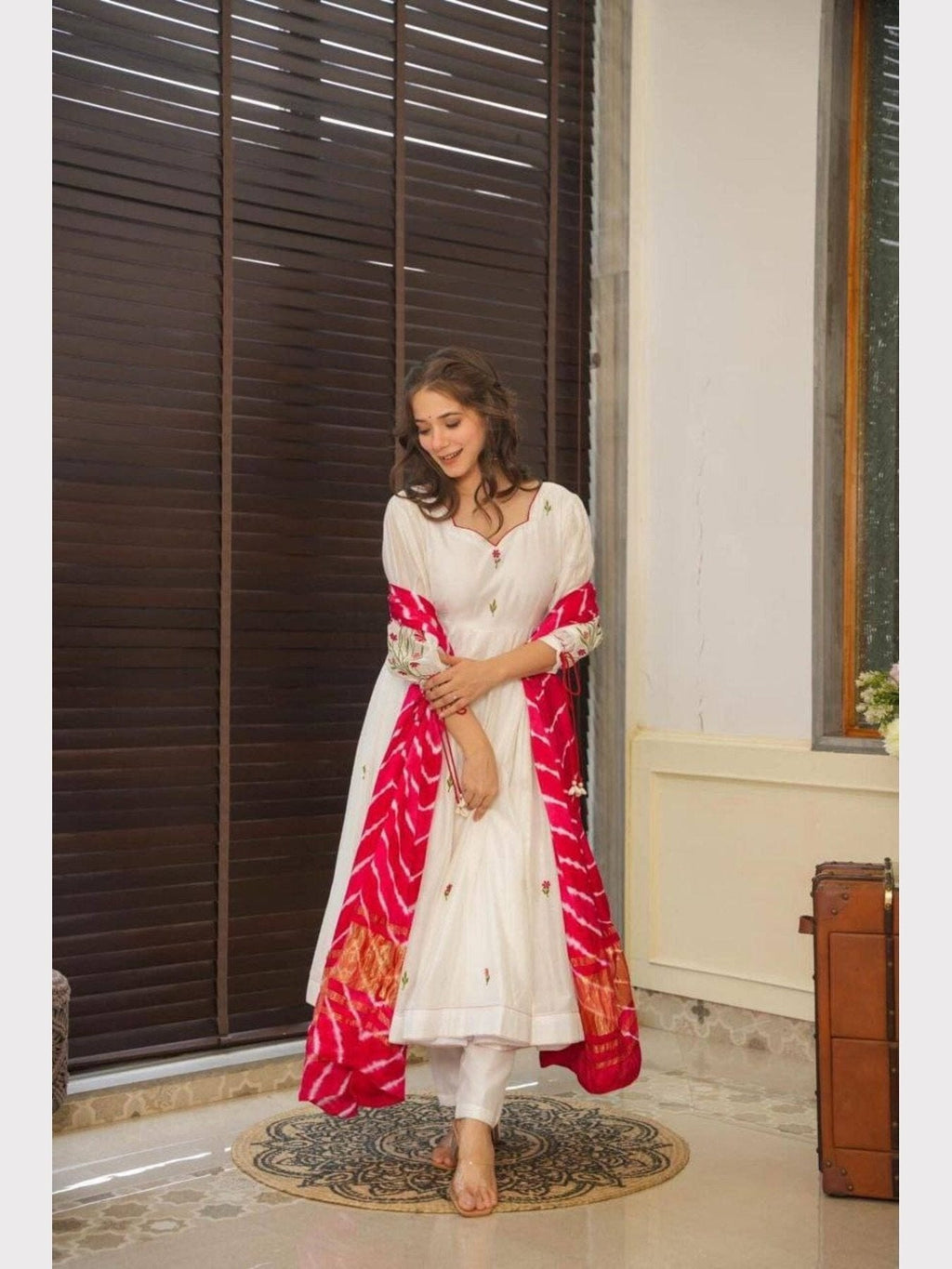 Aadesh Fashion Alisha Off-White PV Chanderi Silk Flared Anarkali Suit Set with Pink Leheriya Dupatta