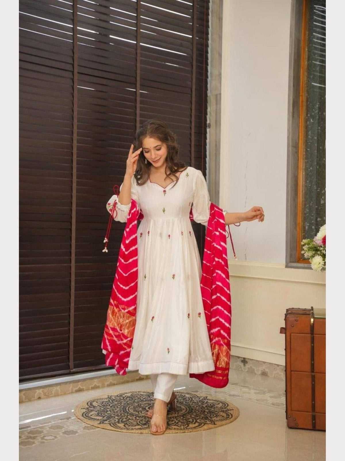 Aadesh Fashion Alisha Off-White PV Chanderi Silk Flared Anarkali Suit Set with Pink Leheriya Dupatta