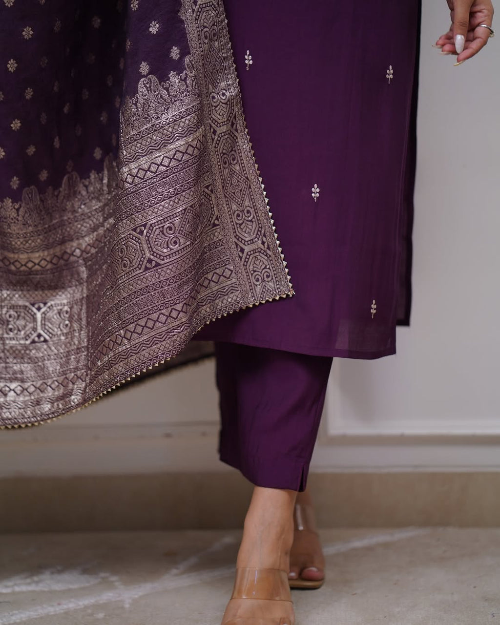 Aadesh Fashion Wine Purple PV Chanderi Kurti Pant Set with Banarasi Jacquard Dupatta