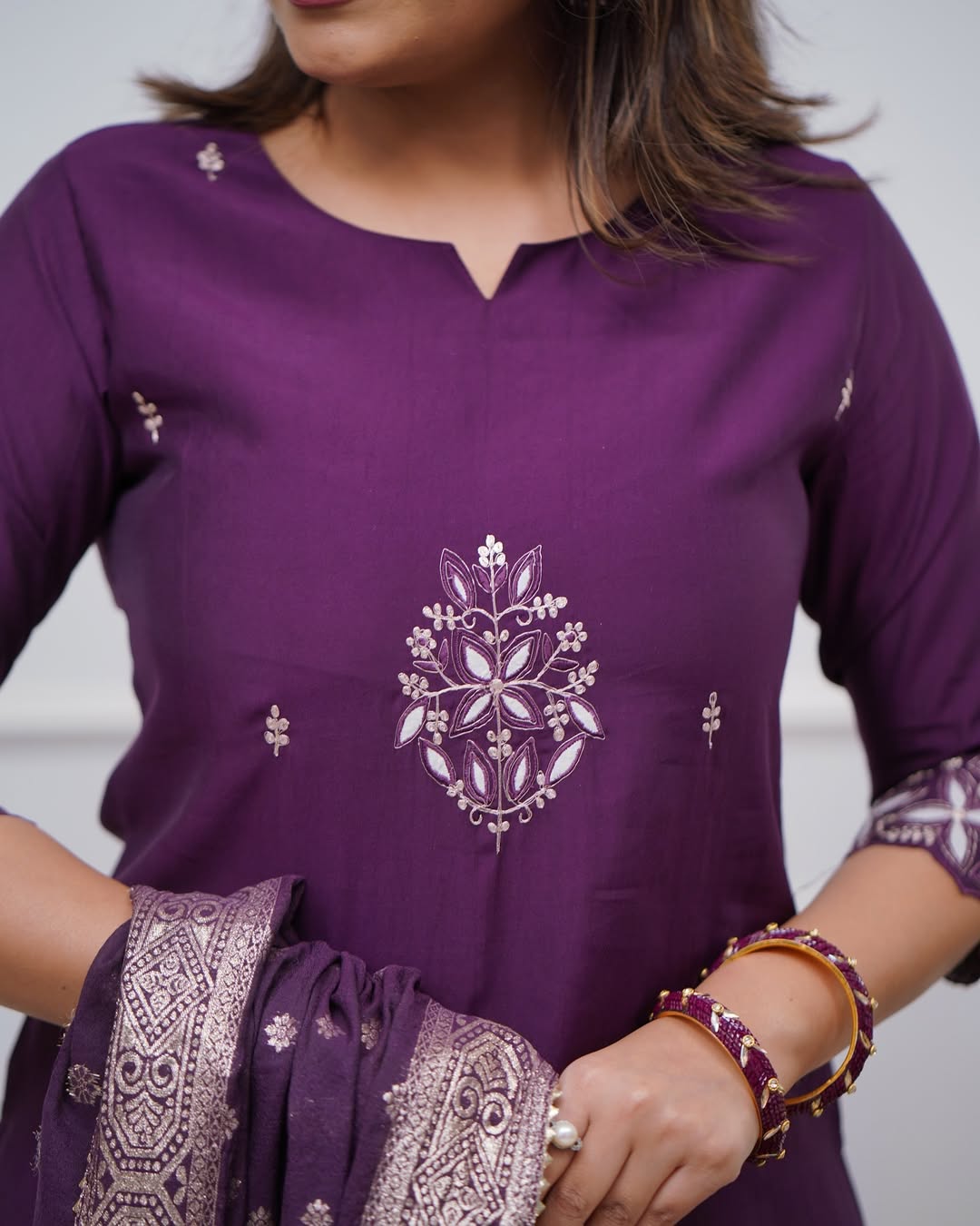 Aadesh Fashion Wine Purple PV Chanderi Kurti Pant Set with Banarasi Jacquard Dupatta