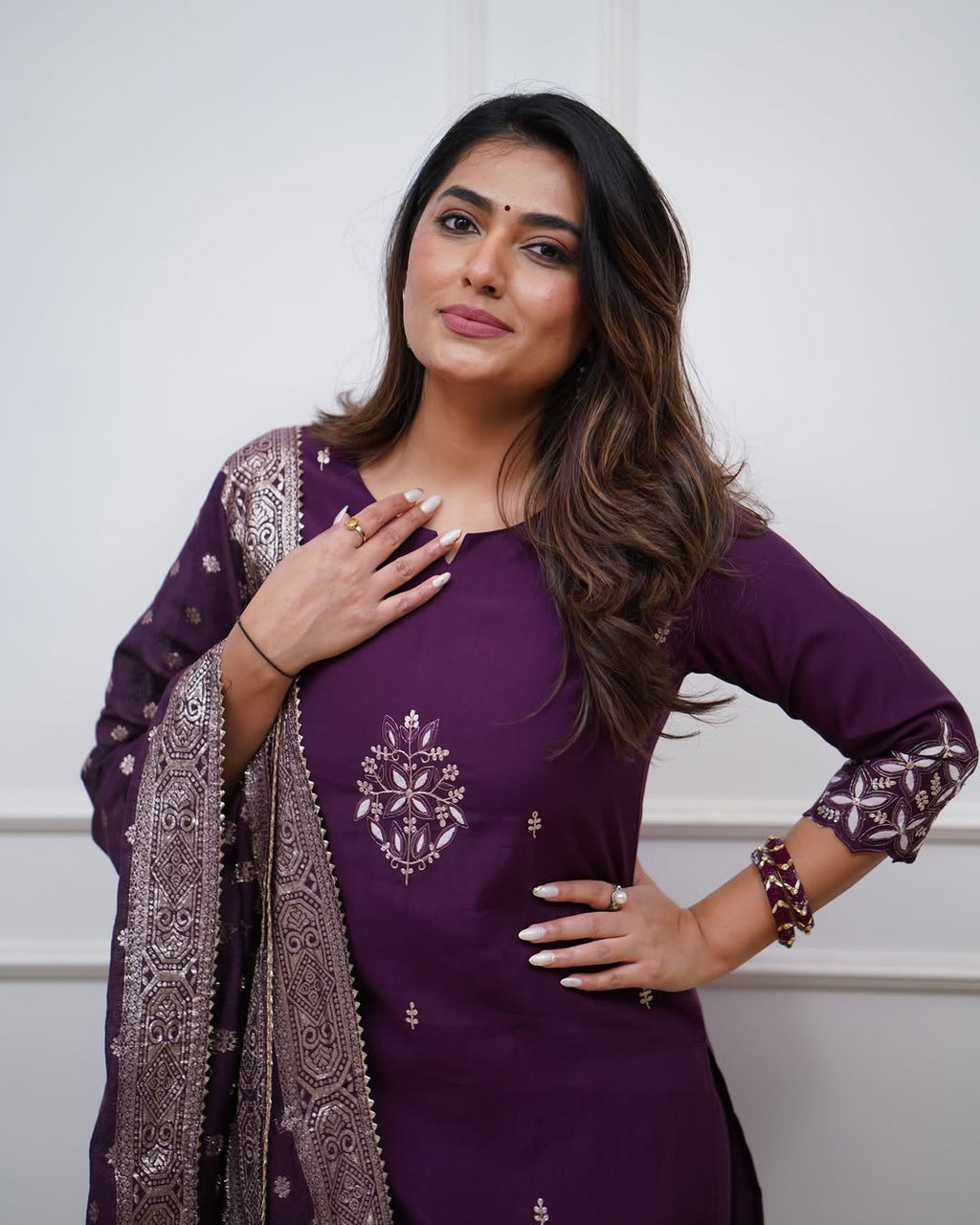 Aadesh Fashion Wine Purple PV Chanderi Kurti Pant Set with Banarasi Jacquard Dupatta