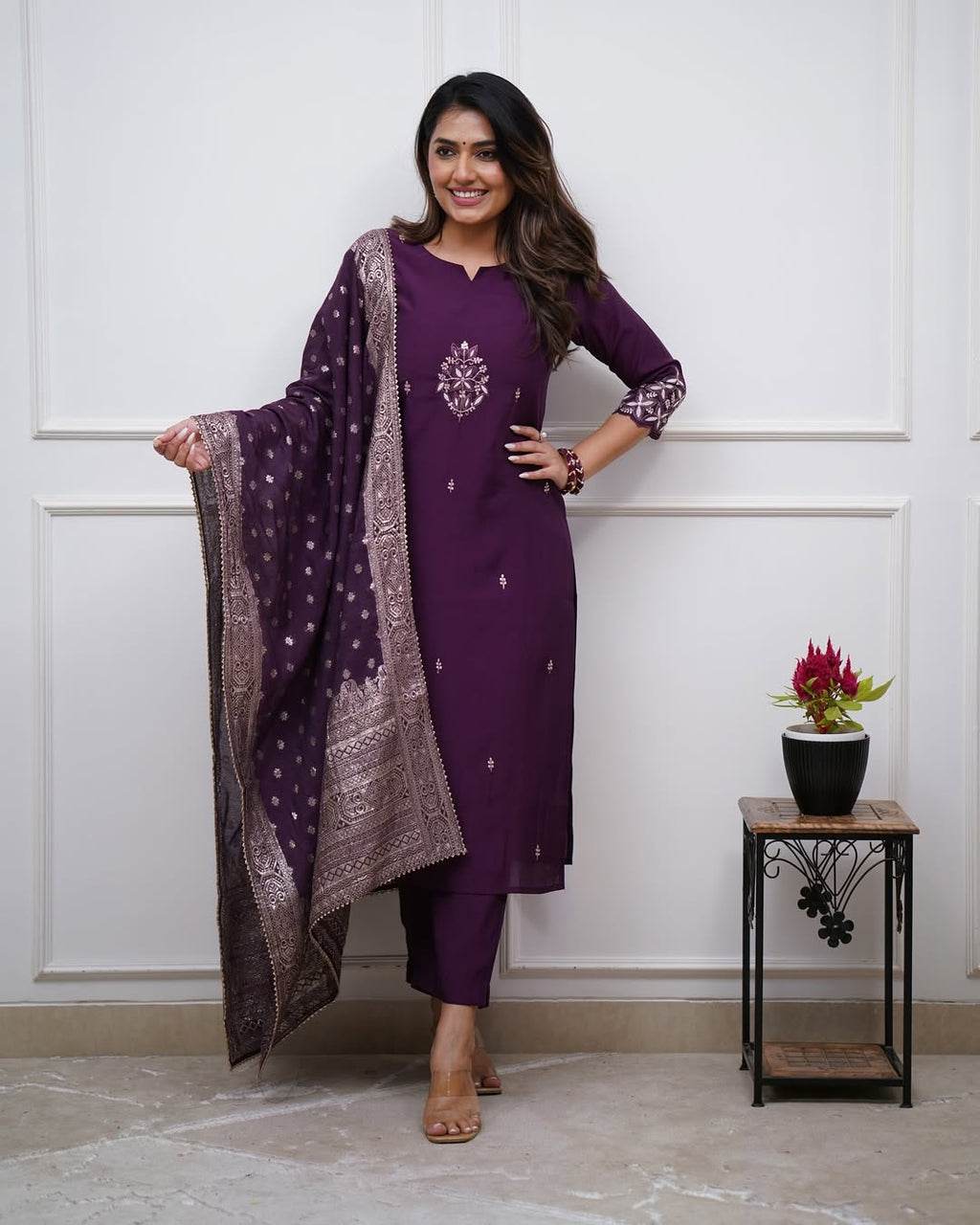 Aadesh Fashion Wine Purple PV Chanderi Kurti Pant Set with Banarasi Jacquard Dupatta