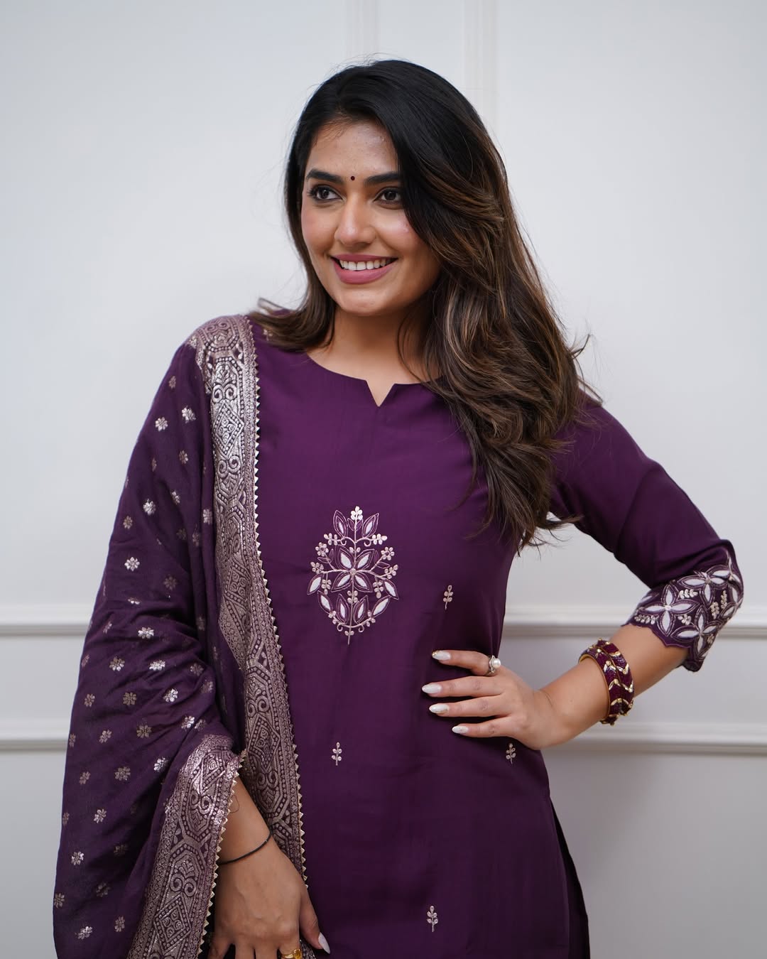 Aadesh Fashion Wine Purple PV Chanderi Kurti Pant Set with Banarasi Jacquard Dupatta
