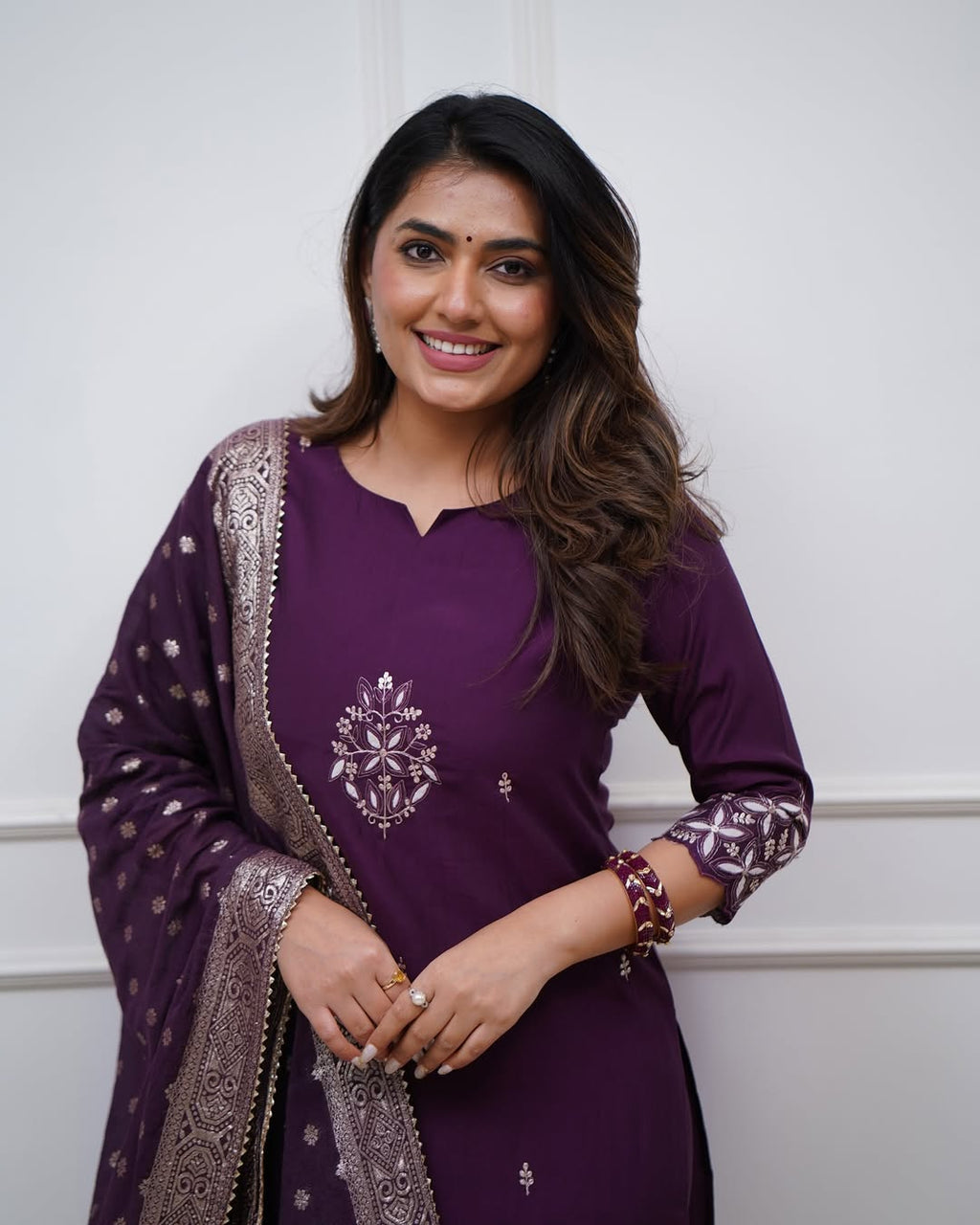 Aadesh Fashion Wine Purple PV Chanderi Kurti Pant Set with Banarasi Jacquard Dupatta