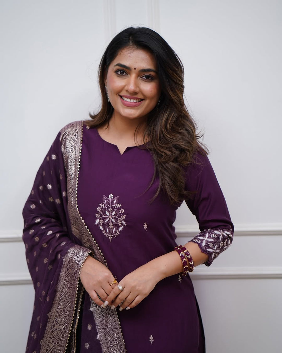 Aadesh Fashion Wine Purple PV Chanderi Kurti Pant Set with Banarasi Jacquard Dupatta