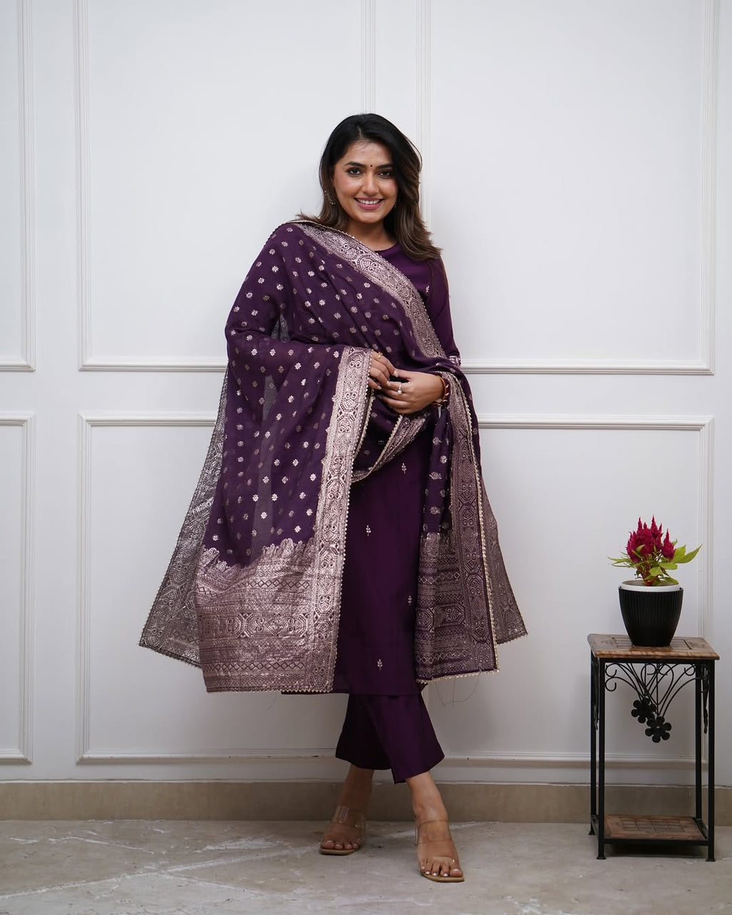 Aadesh Fashion Wine Purple PV Chanderi Kurti Pant Set with Banarasi Jacquard Dupatta
