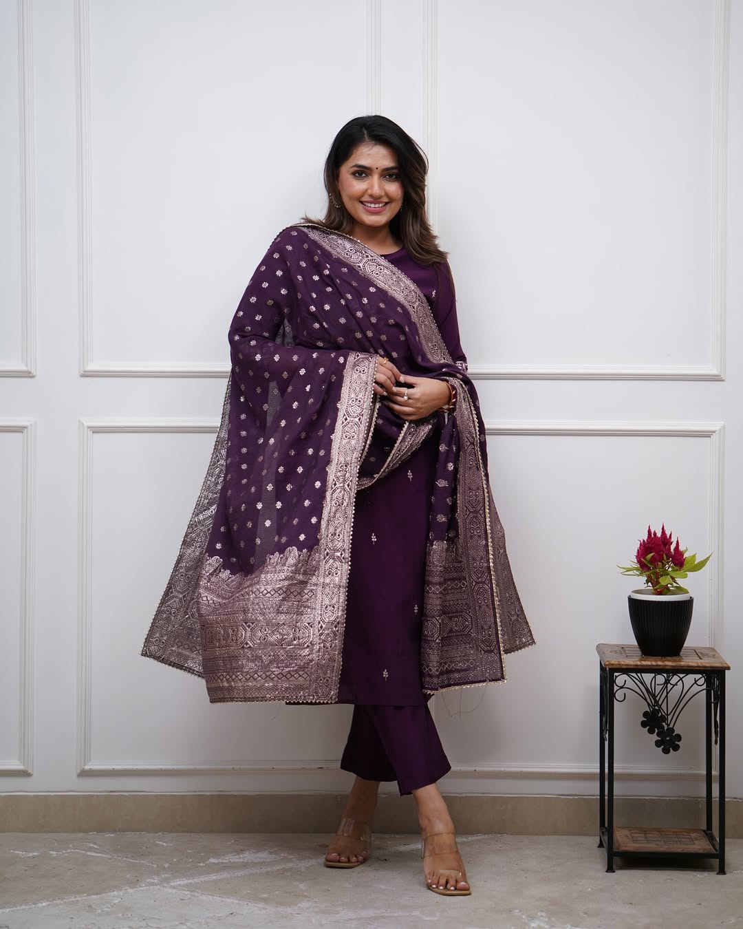 Aadesh Fashion Wine Purple PV Chanderi Kurti Pant Set with Banarasi Jacquard Dupatta